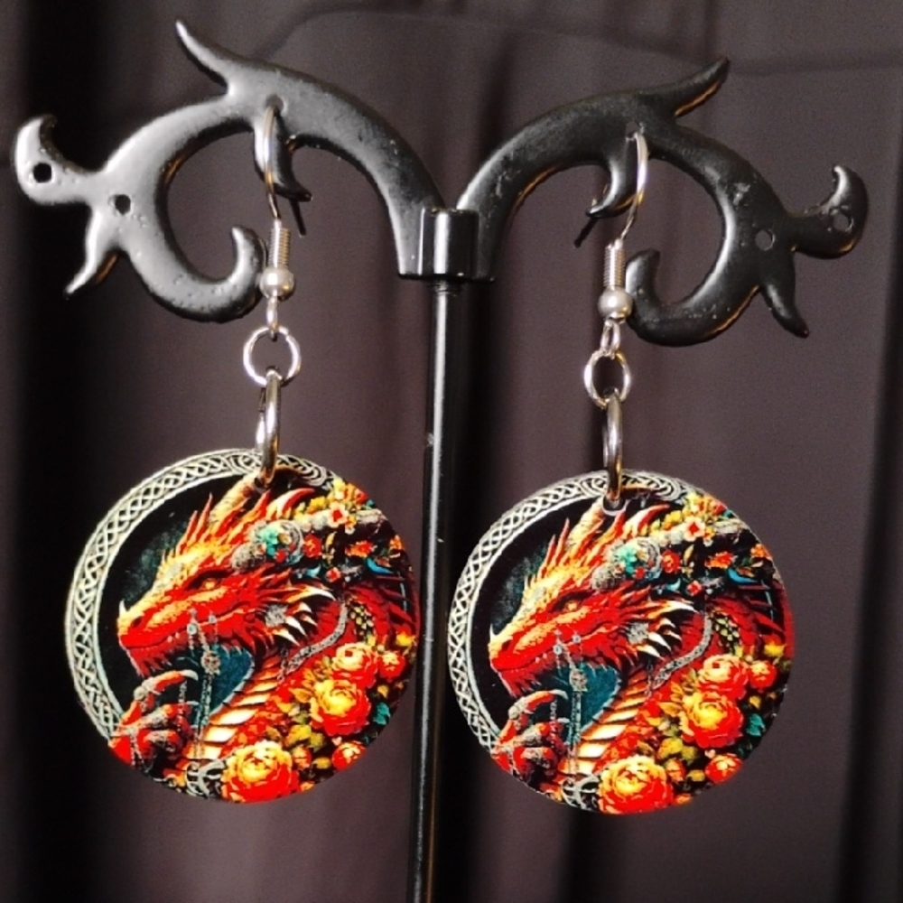 Red Dragon Floral Design Earrings
